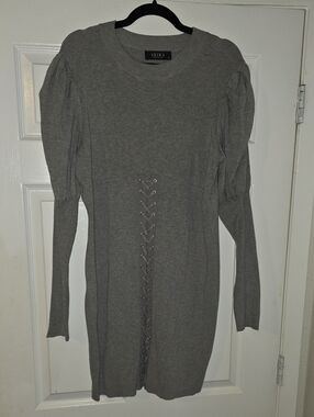 AKIRA Gray Long-Sleeve Lace-Up Sweater Dress